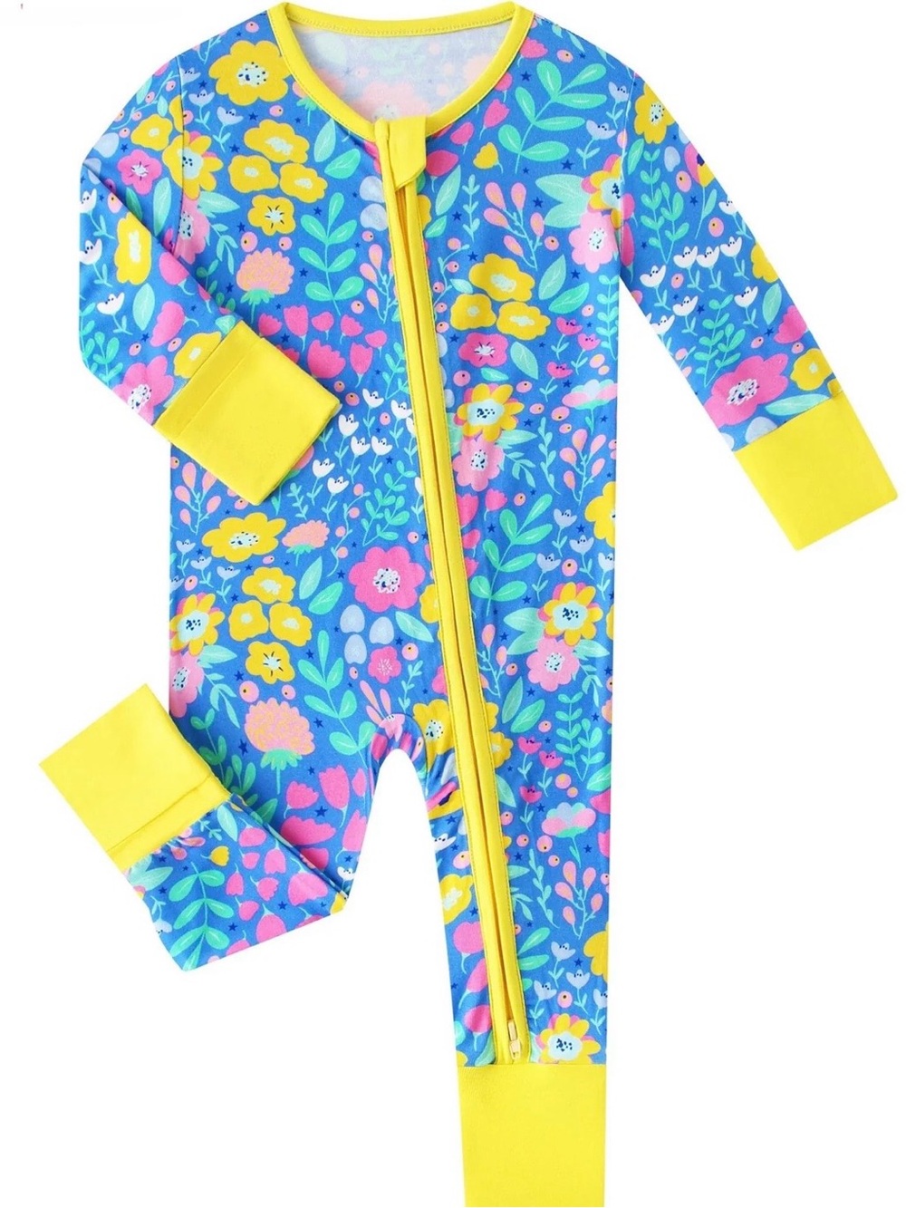 BAMBOO Blue Floral Zip-Front Kids Footie with Yellow Trim